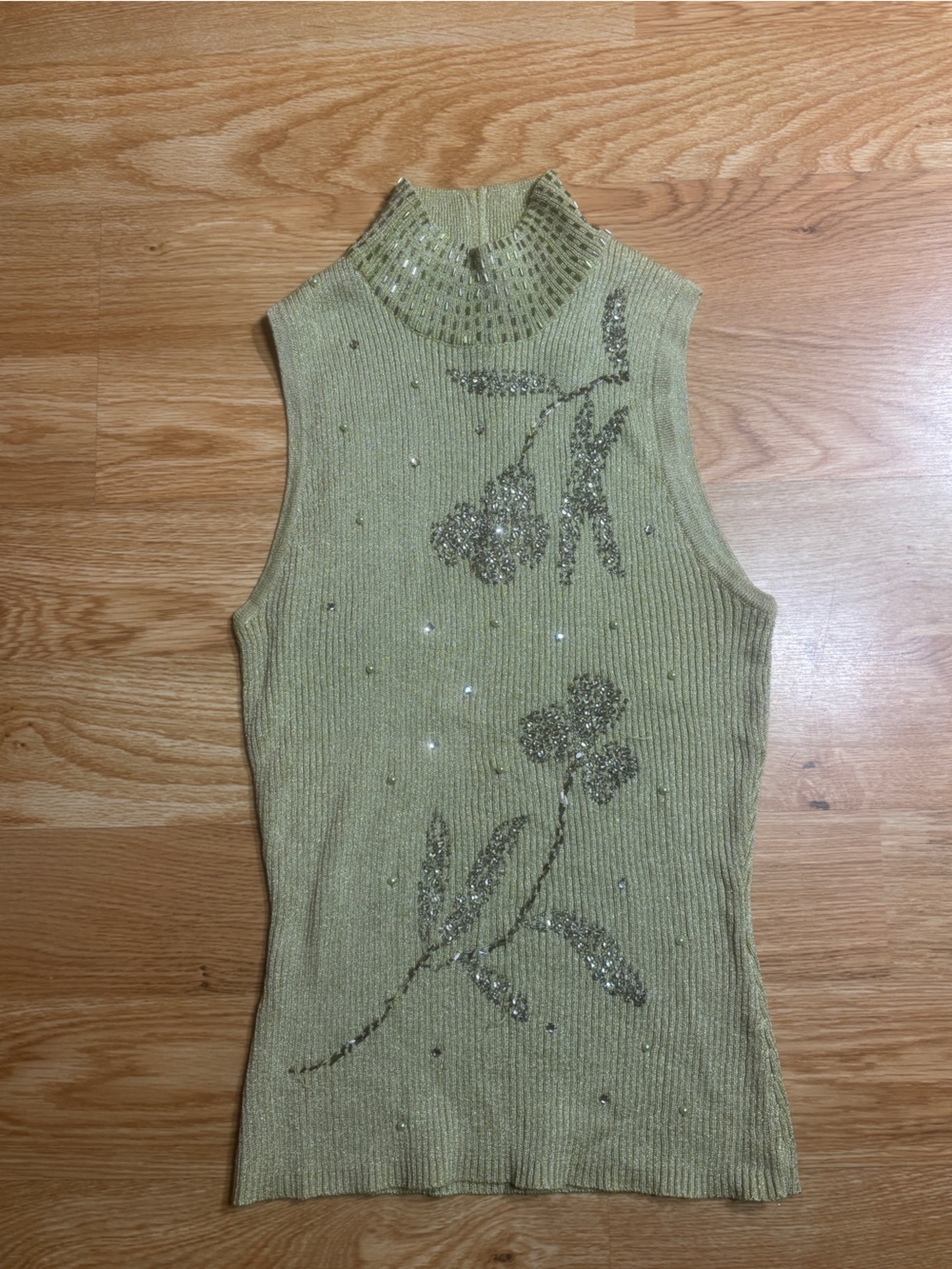Cache Olive Green Ribbed Sequin Floral Tank